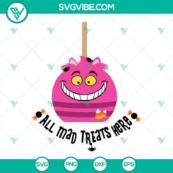 Cheshire Cat Halloween SVG design with Alice in Wonderland theme, featuring "All Mad Treats Here" text. Perfect for Halloween crafts.