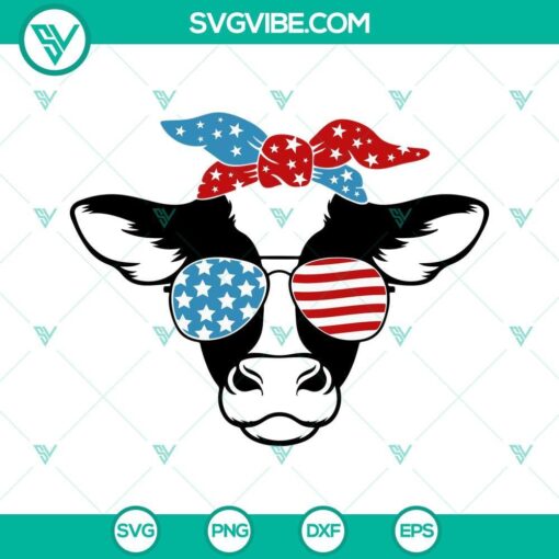 american cow head svg funny 4th of july svg cow with us flag bandana and sunglasses svg patriotic heifer svg png dxf eps 9 mockup