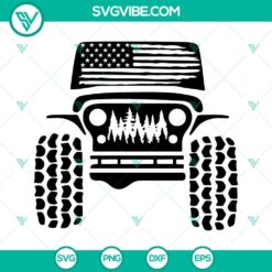 American flag themed Jeep SVG files for off-road car enthusiasts, featuring a forest backdrop. Ideal SVG download for adventurous designs.