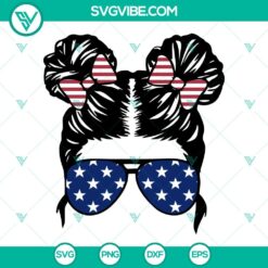 Patriotic girl messy bun hair kid sunglasses SVG files with American flag design, perfect for Independence Day.