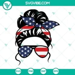 4th Of July, SVG Files, American Patriotic Mom Messy Bun Hair SVG Download, 4