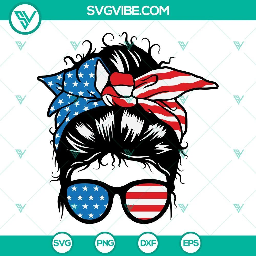 4th Of July, SVG Files, American Patriotic Mom Messy Bun Hair SVG Download, 1