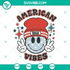 4th Of July, SVG Files, American Vibes Smiley Face Beanie SVG Download, Retro 2