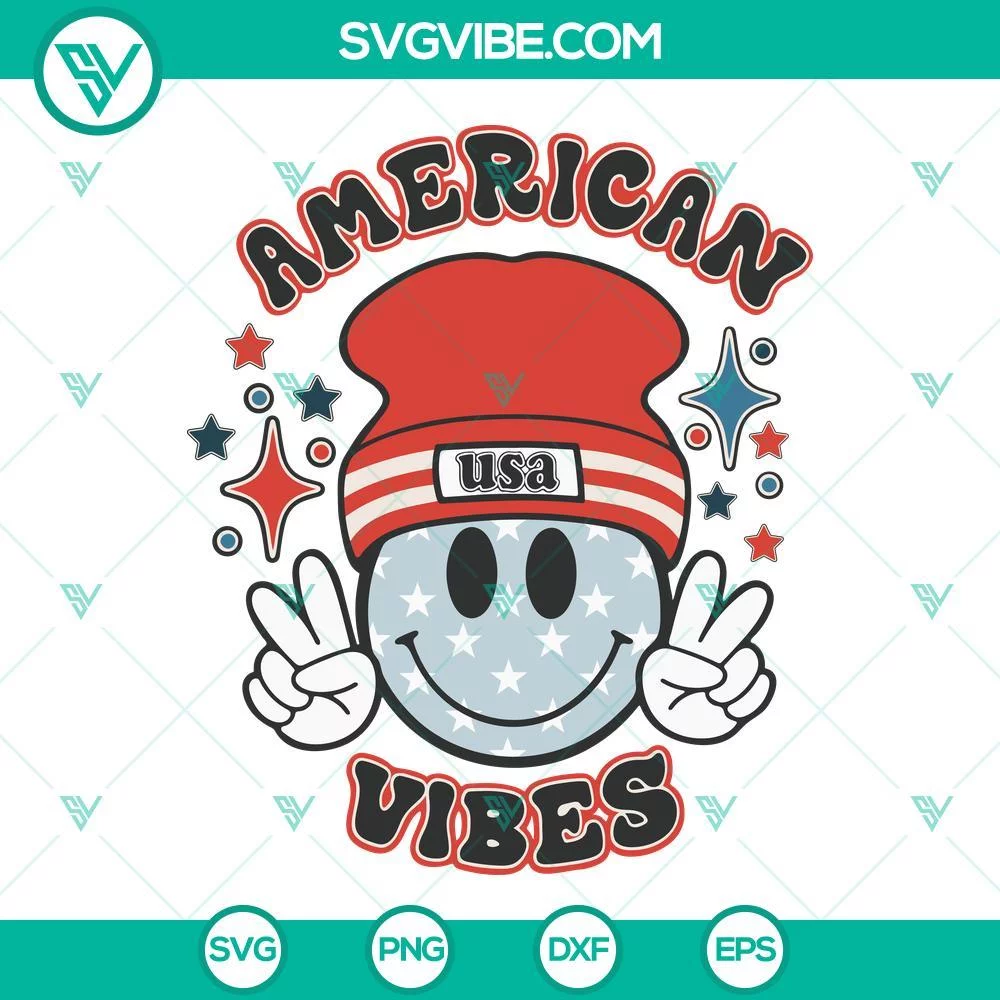 4th Of July, SVG Files, American Vibes Smiley Face Beanie SVG Download, Retro 1