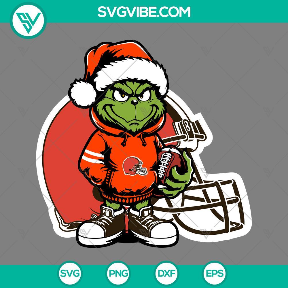 Baby Grinch Cleveland Browns With Santa Hat SVG PNG EPS DXF Files Cute Baby Grinch in Cleveland Browns outfit wearing Santa hat SVG download with PNG, EPS, and DXF files for Christmas crafts.