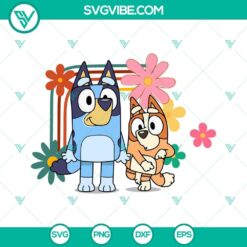 Bluey and Bingo retro floral SVG file with Bluey Heeler dog images, perfect for digital crafting and fan art projects.