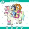 Bluey and Indy riding unicorn SVG download with Bluey and friends SVG files from Disney characters, ideal for crafting projects.
