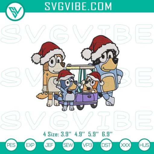 bluey family with christmas hat embroidery design files mockup