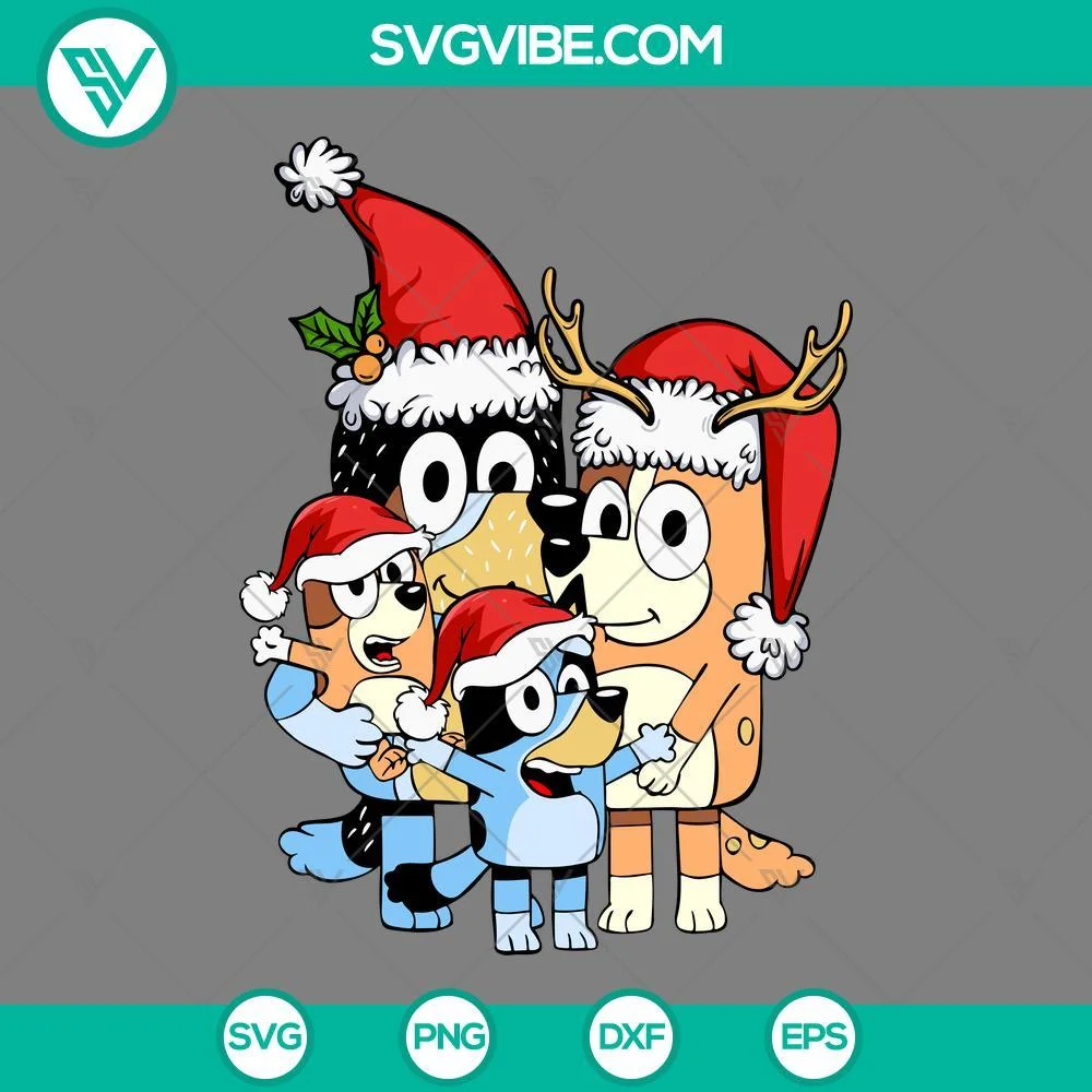 bluey family with santa hat svg bluey merry christmas svg png eps dxf file mockup