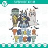 Bluey Friends Trick And Treat Halloween embroidery design file with cute characters in costumes, perfect for Halloween crafts.