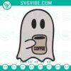 Boo ghost drinking coffee Halloween embroidery design, funny spooky digital files for crafts.