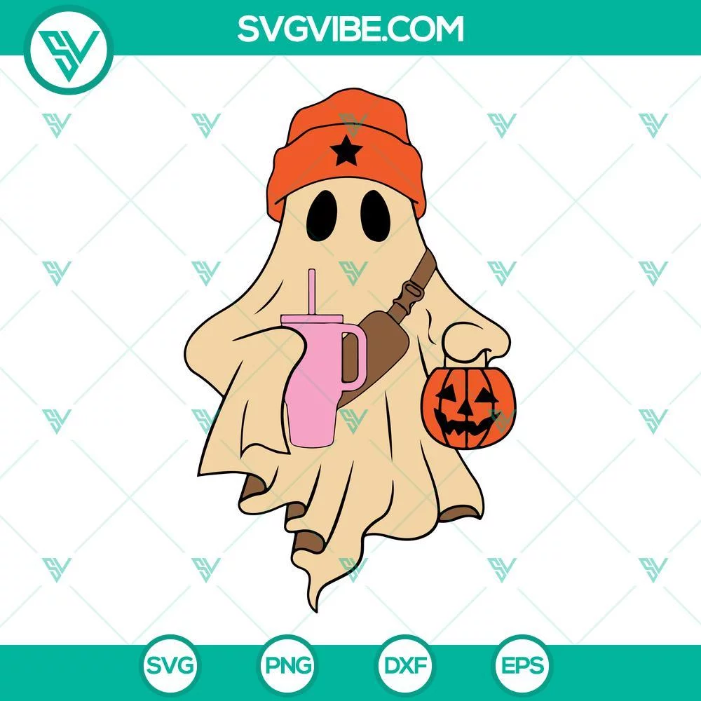 Halloween, SVG Files, Boo-Jee Ghost SVG Files, Cute Ghost Drinking SVG Download 1