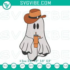 Boo Jee ghost with cup embroidery designs, adorable coffee ghost instant download, spooky Halloween digital design.