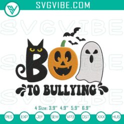 Anti-bullying awareness digital stitch file with "Boo to Bullying" embroidery design, promoting kindness and compassion.