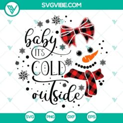 Buffalo Plaid Snowman Girl with Bow SVG Files, featuring "Baby It's Cold Outside" text. Perfect for holiday crafts and decor.