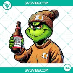 Carhartt Grinch holding Budweiser beer, festive Christmas PNG images.