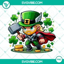 Chibi Baby Thor Marvel St Patrick's Day PNG featuring Thor with Shamrock 4 Leaf Clover, ideal for PNG download.