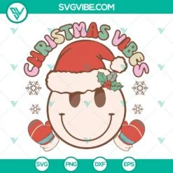 Christmas, SVG Files, Christmas Vibes Smiley Face SVG File PNG DXF EPS Cut 3