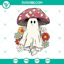 Spooky and adorable ghost mushroom SVG file perfect for Halloween themed projects, ideal for mushroom lovers.