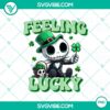 Chibi Jack Skeleton celebrating St. Patrick's Day with shamrock, lucky theme. Happy, festive PNG design for download.