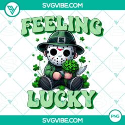 Jason Voorhees mask with Shamrock 4 Leaf Clover design, perfect for St. Patrick's Day. High-quality PNG download.