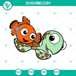 Finding Nemo SVG bundle with Nemo, Squirt, and Dory SVG files for download, featuring Disney characters.