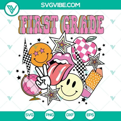 first grade svg 1st grade svg retro groovy smiley svg first day of school svg png dxf eps 10 mockup