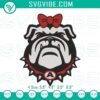 Georgia Bulldogs bow girls embroidered design, collegiate sports mascot pattern in red, white, and black.