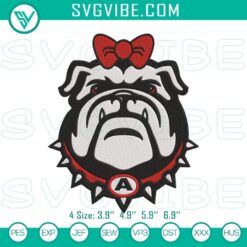 Georgia Bulldogs bow girls embroidered design, collegiate sports mascot pattern in red, white, and black.