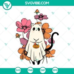 Ghost Cat Spooky Halloween SVG Download, Black Cat Halloween Flower SVG Download