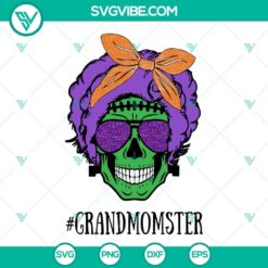 Grandmomster Messy Bun Skull SVG Files, Halloween Mom Life SVG Download PNG DXF