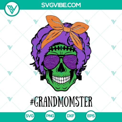 grandmomster messy bun skull svg halloween mom life svg png dxf eps 5 mockup