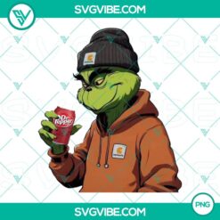 Grinch Dr Pepper and Carhartt PNG files for digital design projects - festive Seuss character in Carhartt attire with Dr Pepper logo.