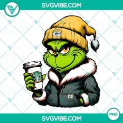 Green Bay Packers themed Grinch Starbucks drink digital PNG file with green and gold colors, perfect for fans.