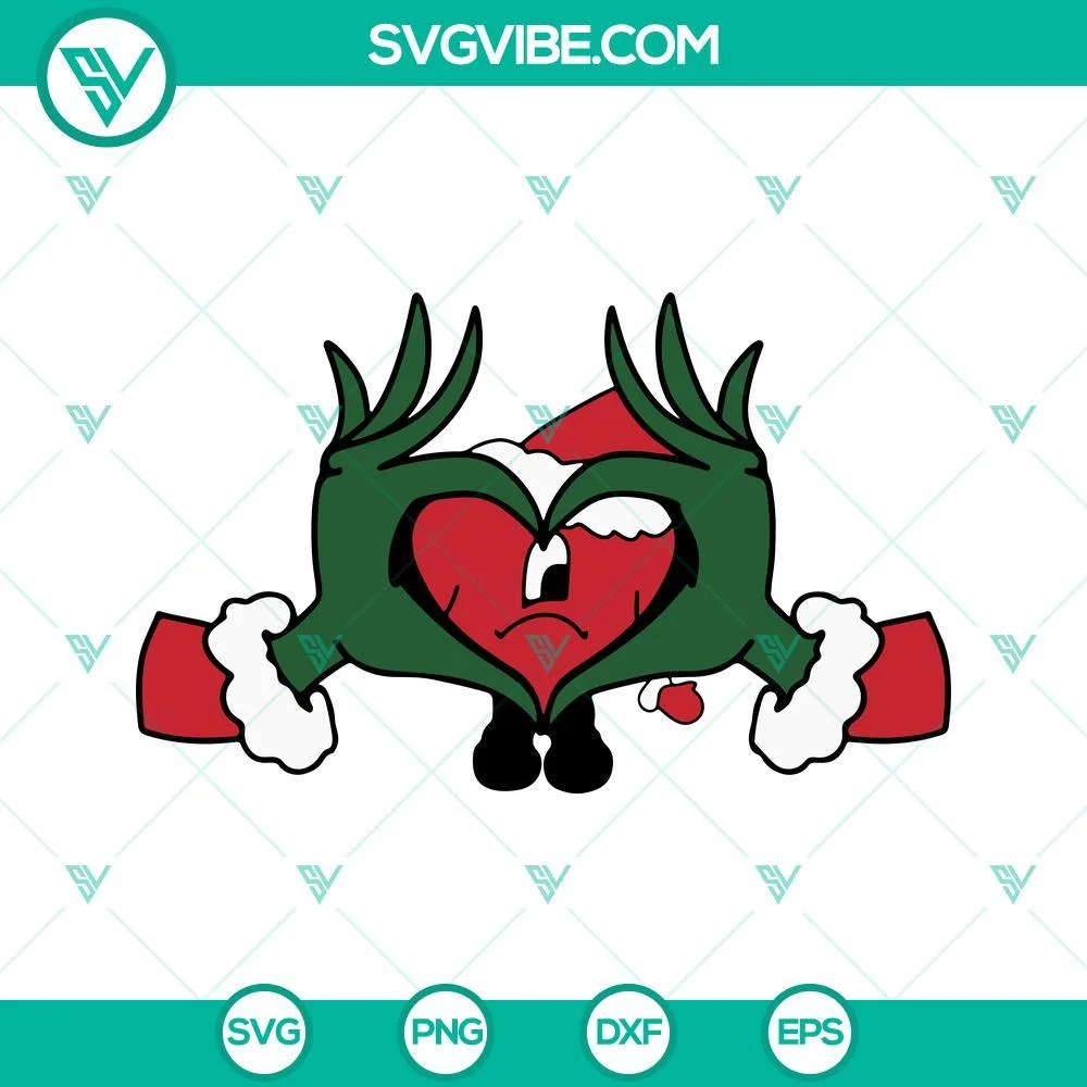 Christmas, Musics, SVG Files, Grinch Hand Bad Bunny Heart Christmas SVG File, 1