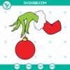Grinch hand with ornament Christmas SVG files, featuring PNG, EPS, and DXF cut file formats for crafting.