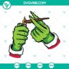 Grinch lighting cannabis SVG file, featuring a cartoon Grinch holding a lit marijuana blunt with Christmas lights. Perfect for holiday decorations.