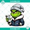 Grinch wearing New York Yankees baseball hat, holding Starbucks cup, on transparent background PNG.