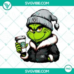 Grinch-themed Oakland Raiders drink Starbucks cup PNG image, perfect for holiday fans of NFL and coffee, with green and silver logo.