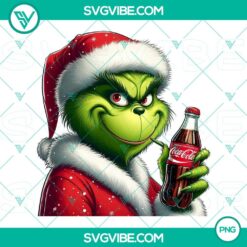 Grinch Santa Claus Coca Cola PNG images featuring festive character with popular fizzy drink branding, ideal for digital use.