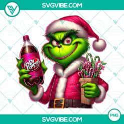 Grinch holding a Dr Pepper and candy cane, festive Christmas themed PNG file for download.