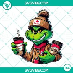 Grinch holding Tim Hortons coffee cup, cartoon character drinking coffee, PNG file for download.