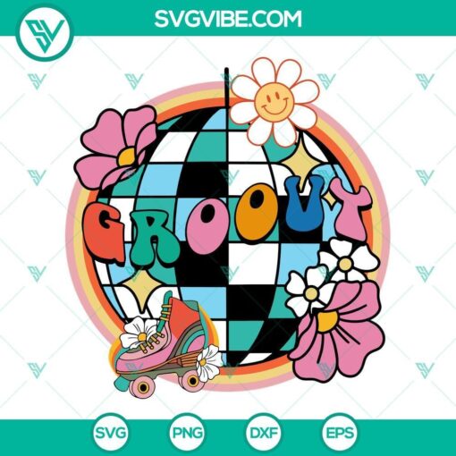 groovy disco ball svg smiley daisy flower svg roller skates shoes svg retro vintage svg png dxf eps digital file 5 mockup