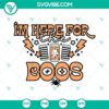 Funny Halloween SVG file with a pun "I'm Here for the Boos", perfect for fall decor, featuring a ghost with beer mugs. Great for Halloween crafts.