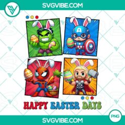 Happy Easter Marvel Superheroes dressed as bunnies in PNG format, perfect for Easter greeting cards and designs.