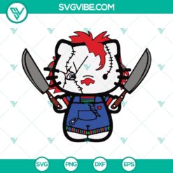 Hello Kitty Chucky and Horror Movie Halloween SVG Files - Spooky Chucky doll and cute Hello Kitty mashup design for Halloween.
