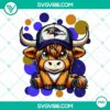 Highland cow wearing Baltimore Ravens football gear PNG download for sports fans and animal lovers.