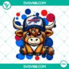 Highland cow wearing Buffalo Bills football uniform, PNG download file for sports fans, animal lovers, and NFL enthusiasts.