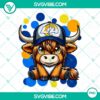 Highland cow dressed in Los Angeles Rams football gear, PNG images file, ideal for sports fans and animal lovers.