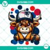 Highland cow wearing New England Patriots football gear, PNG file with transparent background. Perfect for sports fans and football enthusiasts.